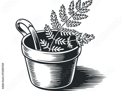 Potted fern frond on transparent background. Vector hand drawn illustration