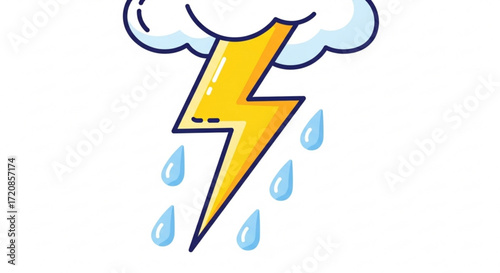 Cartoon lightning storm illustration with cloud and rain drops weather forecast vector graphic design