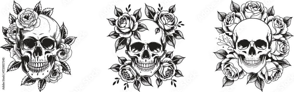Fototapeta premium skull with roses tattoo design set. gothic floral skull illustration for halloween fashion vector art