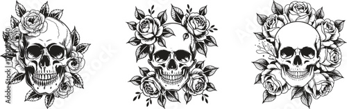 skull with roses tattoo design set. gothic floral skull illustration for halloween fashion vector art
