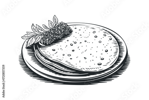 Hand drawn flatbread on a plate with herb sprig. Vector hand drawn illustration