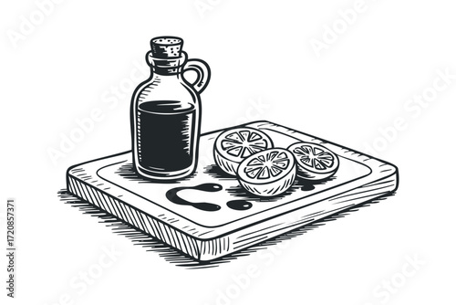 Bottle of dark liquid and sliced lemons on cutting board. Vector hand drawn illustration