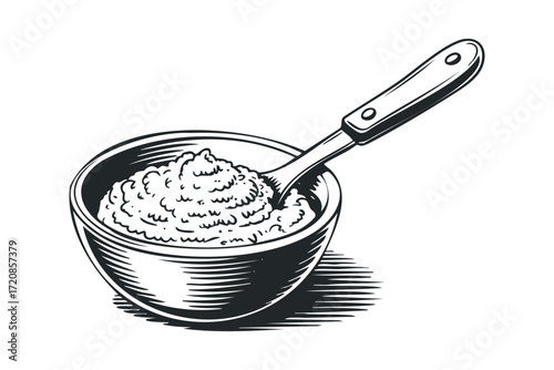 Bowl of mashed potatoes with spoon. Vector hand drawn illustration