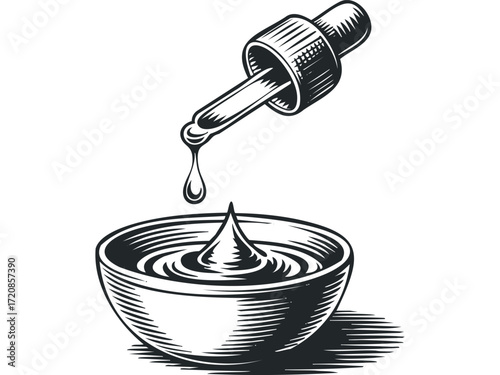 Dropper with liquid falling into a bowl. Vector hand drawn illustration