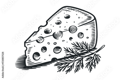 Slice of cheese with holes and dill sprig. Vector hand drawn illustration