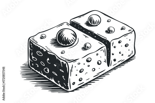 Two halves of porous bread roll on transparent background. Vector hand drawn illustration