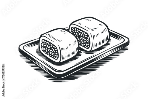 Black and White Sketch of Two Sushi Rolls on Tray. Vector hand drawn illustration