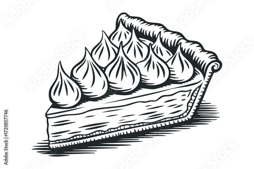 Slice of pie with piped frosting. Vector hand drawn illustration