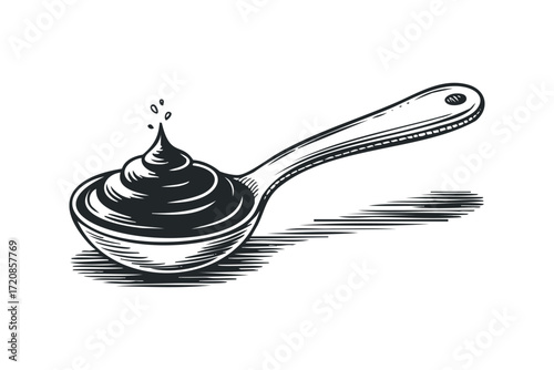 Spoon holding creamy substance with drips on transparent. Vector hand drawn illustration