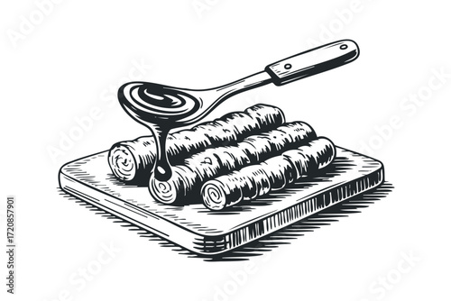 Rolled wafers with syrup pouring from spoon on wooden board. Vector hand drawn illustration