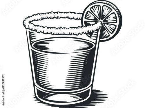 Shot glass with lime and salt rim isolated on transparent. Vector hand drawn illustration