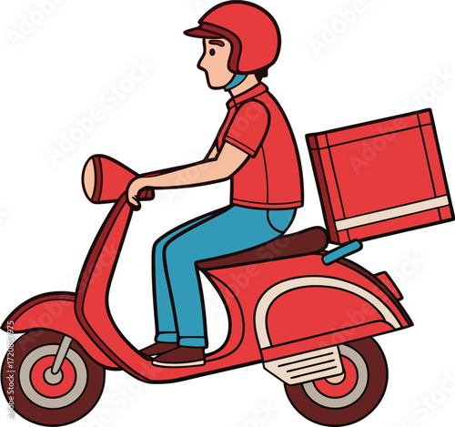 Vector art of delivery man riding a red scooter with a red box on the back