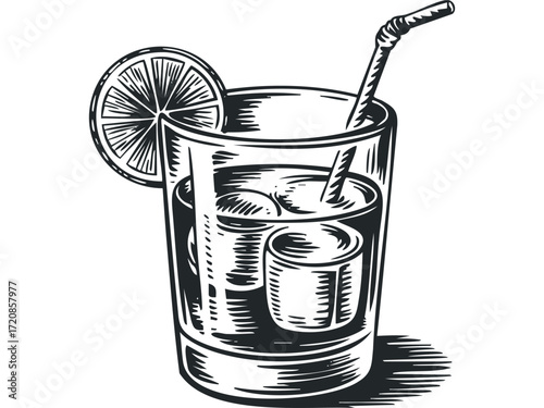 Refreshing Drink with Ice and Lemon Slice. Vector hand drawn illustration