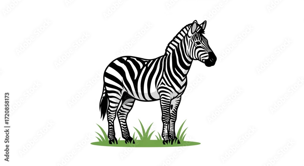 Naklejka premium Zebra illustration black and white stripes standing in grass wildlife animal african safari zoo drawing art 100
