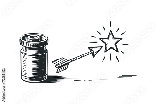 Arrow striking a star next to a bottle on transparent background. Vector hand drawn illustration
