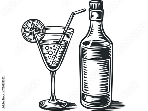Alcoholic drink in glass with lime and straw next to bottle on transparent. Vector hand drawn illustration