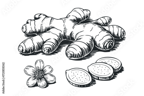 Hand Drawn Ginger Root, Slices and Flower. Vector hand drawn illustration