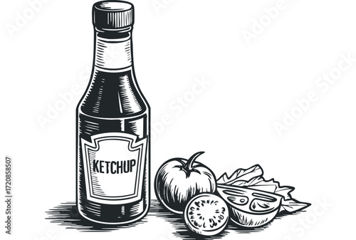 Bottle of ketchup with tomato and leaves. Vector hand drawn illustration