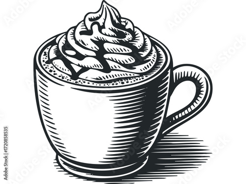 Hot beverage with whipped cream in a mug. Vector hand drawn illustration