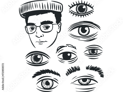 Man face with glasses and beanie, multiple eyes on transparent background. Vector hand drawn illustration