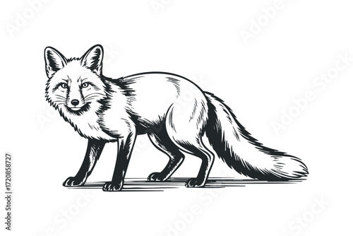 Line Drawing of a Fox Standing on White Background. Vector hand drawn illustration
