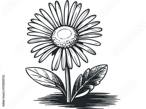 Black and White Daisy Flower with Leaves. Vector hand drawn illustration