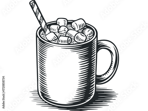 Mug of hot chocolate with marshmallows and straw. Vector hand drawn illustration