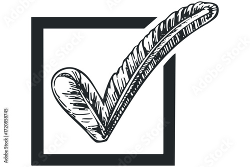 Textured check mark symbol inside a square, graphic. Vector hand drawn illustration