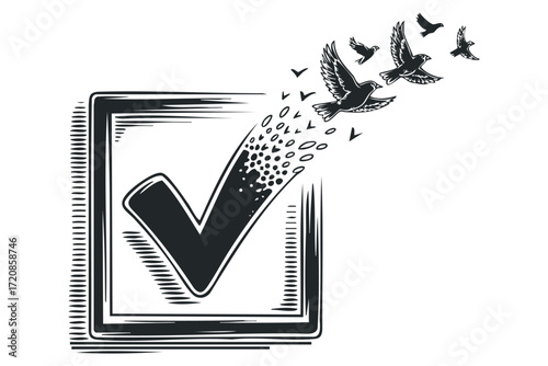 Checkmark symbol transforms into flying birds. Vector hand drawn illustration