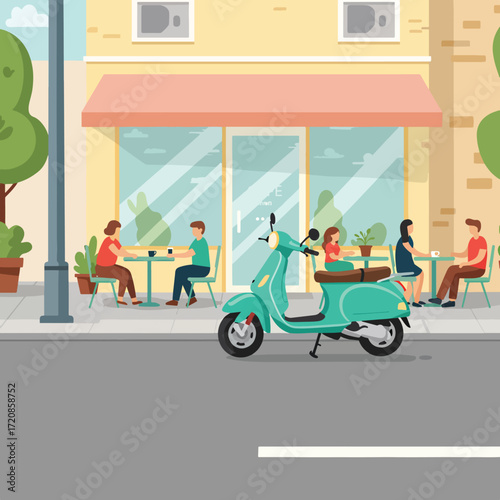 Vector Illustration of Outdoor Cafe Scene with Scooter in Modern Minimalist Style Featuring Flat Design Elements and Bright Color Palette