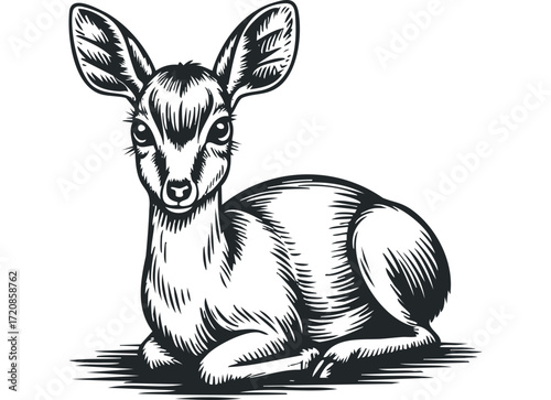 Young deer resting on ground stylized linocut. Vector hand drawn illustration