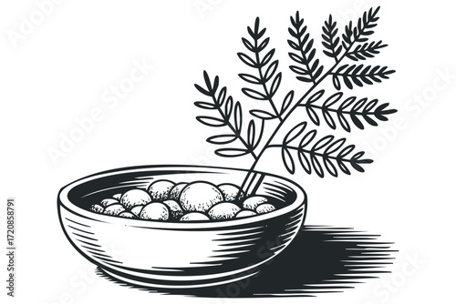 Potted plant with round pebbles and fern fronds. Vector hand drawn illustration