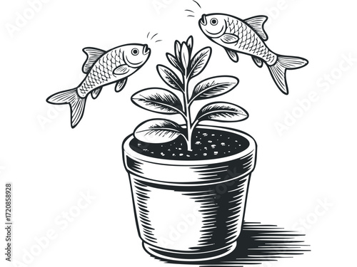 Two fish swimming around potted plant. Vector hand drawn illustration