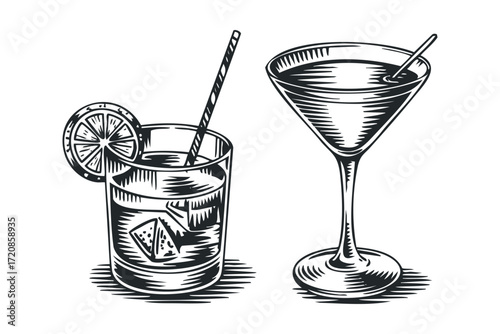 Two cocktails with lime and straw transparent. Vector hand drawn illustration
