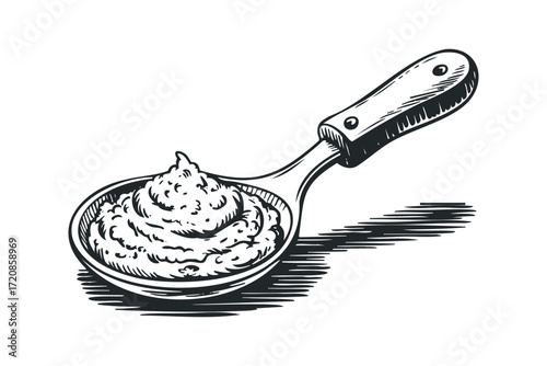 Wooden spoon filled with textured spread on white background. Vector hand drawn illustration
