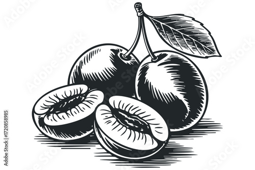 Plums with Leaf and Stem in Woodcut Style. Vector hand drawn illustration
