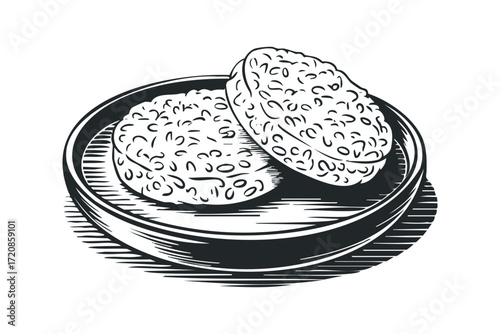 Two Rice Cakes in Bowl. Vector hand drawn illustration