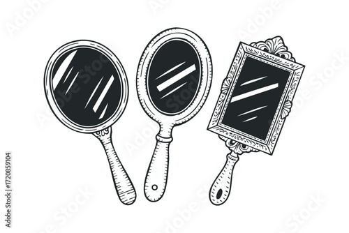Three Handheld Mirrors with Reflective Surfaces. Vector hand drawn illustration