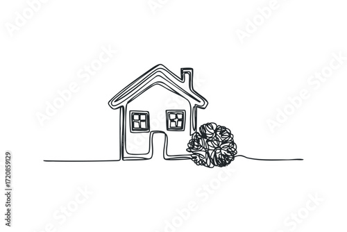 Minimalist house and bush outline on transparent. Vector hand drawn illustration