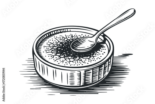 Creamy dessert in a bowl with a spoon. Vector hand drawn illustration