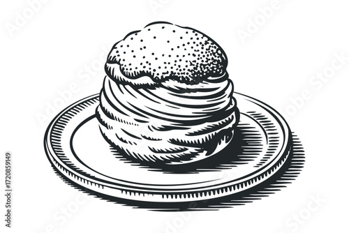Pastry with dusted topping on plate isolated on white. Vector hand drawn illustration