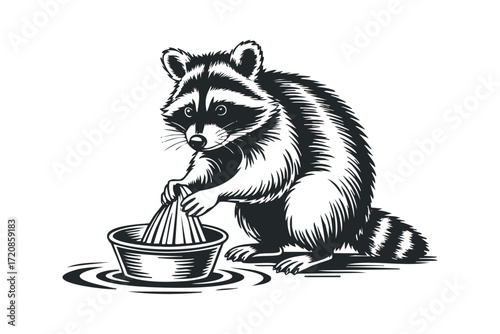 Raccoon washing food in water on transparent background. Vector hand drawn illustration