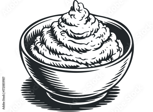 Bowl of Whipped Cream with Shadow. Vector hand drawn illustration