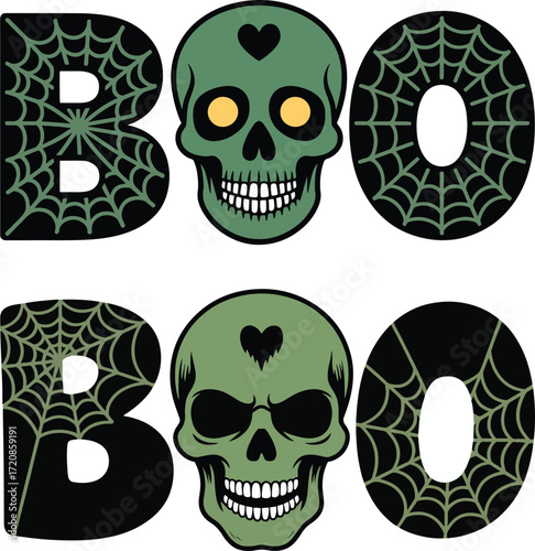 halloween boo text design. spooky green skull with spider web creepy lettering vector illustration