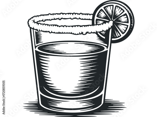 Glass filled with liquor salt rimmed with lime slice. Vector hand drawn illustration