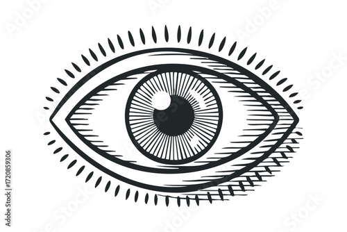 Black and white graphic eye symbol with radiating lines. Vector hand drawn illustration