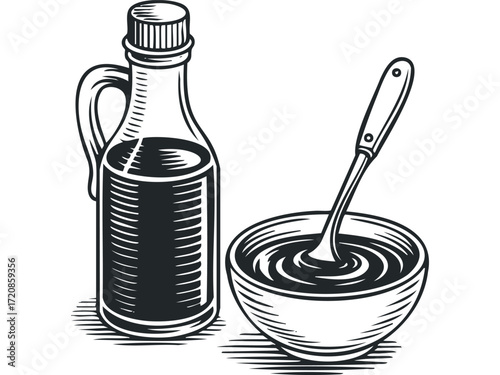 Glass bottle with liquid next to bowl and spoon. Vector hand drawn illustration