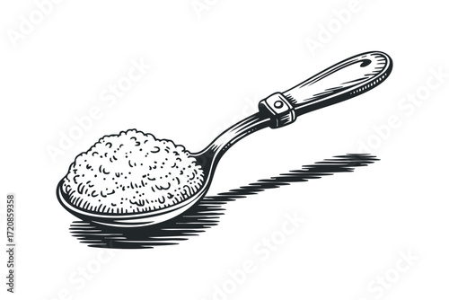 Woodcut spoon filled with granular material. Vector hand drawn illustration