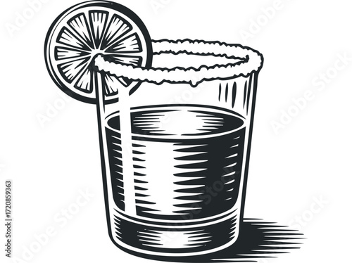 Glass with Salt Rim and Lime Slice. Vector hand drawn illustration