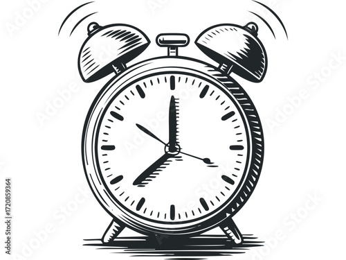 Vintage Alarm Clock Ringing Loudly. Vector hand drawn illustration